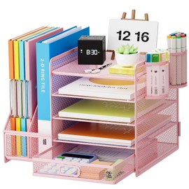 Marbrasse Desk Organizer with File Holder, 5-Tier Paper Letter Tray Organizer with Drawer and 2 Pen Holder, Mesh Desktop Organizer and Storage with Magazine Holder for Office Supplies(Pink)