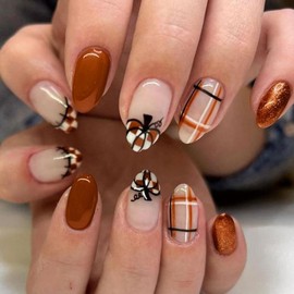 Fall Brown Press on Nails Short Almond Fake Nails Gold Glitter Gloss Acrylic False Nails with Pumpkin Designs Grid Glue on Nail Autumn Reusable Artificial Stick on Nail for Women Girls 24Pcs