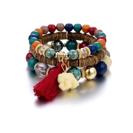 Pingyongchang Elephant Bead Stretch Bracelet Boho Multilayer Adjustable Wooden Bead Tassel Womens Strand Bracelet Bangle Charm Jewelry Set Best Friend Gift (red)