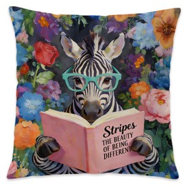 Funny Zebra Reading Pillow Cover 18x18, Book Lover Reader Gifts, Whimsical Zebra Wildflower Bookish Decorative Throw Pillow Cover for Library Reading Nook Corner Kids Room Home