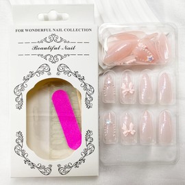 Pink Press on Nails Medium Almond Fake Nails Ombre False Nails with Bow Star Pearl Designs Stick on Nails Glitter Glossy Full Cover Acrylic Glue on Nails Shiny Artificial Nails for Women 24Pcs
