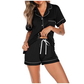 Celucke Women's Summer Pajama Set, Soft Breathable Sleepwear Short Sleeve Top with Comfortable Shorts Nightwear Set, Satin Pyjamas For Women, Pj Shorts Set, Ladies Comfort Lounge Wear Black