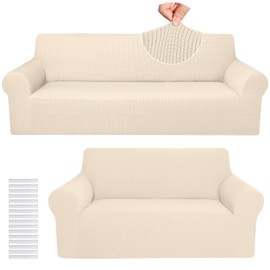 Peryiter 2 Pcs Loveseat Covers Slipcover Set for Couch Furniture Covers for Living Room Sofa Arm Chair, Form Fit Stretch, Wrinkle Proof, Furniture Protector (Beige,Polyester Spandex Blend)