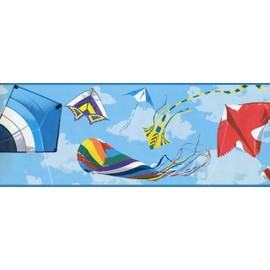 Concord Wallcoverings Wallpaper Border Kid's Pattern Sky Kites for Kid's Bedroom Playroom, Blue Yellow Red, 15 ft by 9 in GK8851BD