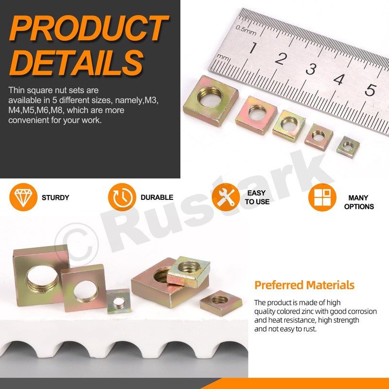 Rustark 90Pcs M3 M4 M5 M6 M8 Square Nuts Assortment