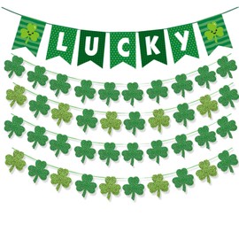 5pcs St Patricks Day Banner Green Glitter Saint Patricks Day Shamrock Clover Garland Banner Decorations for Happy St. Patrick's Banners Decorations for Home Mantel Office Irish Day Party Supplies