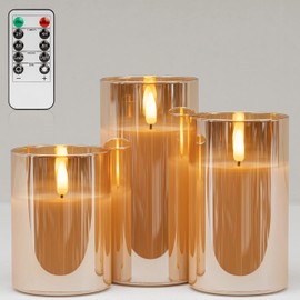 ANGELLOONG Gold Candles for Bathroom Decor, Glass Flameless Candles with Remote, Battery Operated LED Pillar Fake Candles with Timer for Christmas Home Fireplace Mantle Fall Decor