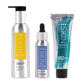 For Skin KIT 3 piezas: Limpiador de Manzanilla 200 ml, Suero nutritivo hidratante 75 ml, y crema de día con protector solar 60 ml | Rutina completa de cuidado facial para todo tipo de piel