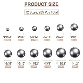 sourcing map 285pcs G16 Precision Balls Assortment Kit 3/32"- 1/2" 12 Sizes Chrome Steel Solid Bearing Balls