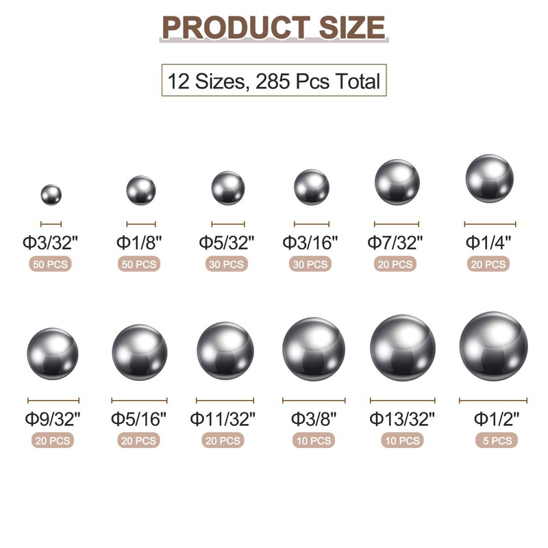 sourcing map 285pcs G16 Precision Balls Assortment Kit 3/32"- 1/2"