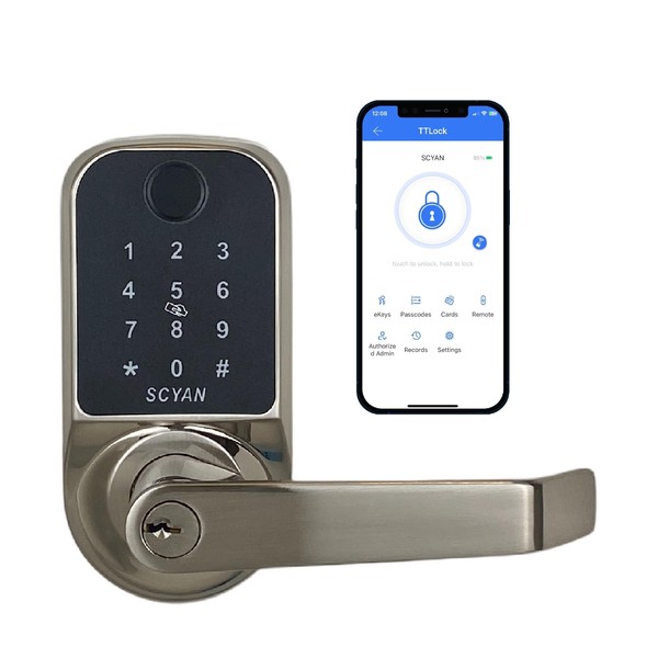 Smart Door Lock, Scyan X1, 5 in 1 Fingerprint Biometric Door Lock, Touchscreen Keypad Door Lock, Key Fob, Auto Locking, for Office, Home, Airbnb, Rental House (Brush Nickel)