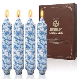 Blue Printed Candles 7 inch Short Taper Candlesticks Flowers Printed Unscented Tapered Candles Cute Short Candle Sticks Candle 4 PCS Handmade Taper Candle for Home Wedding Dinner Holiday Party