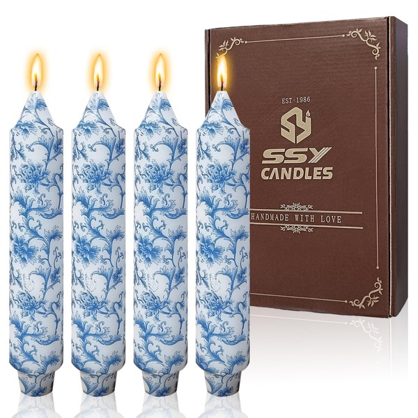 Blue Printed Candles 7 inch Short Taper Candlesticks Flowers Printed