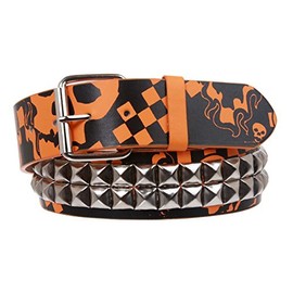 Snap On Art work Skull Cross Bone Tattoo Print Punk Rock Silver Star Studded Leather Belt, Orange/Black | L/XL-40"