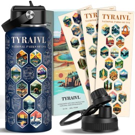 National Parks Water Bottle with Stickers, Birthday Gifts for Men and Women, 32oz Wide Mouth Leakproof Stainless Steel Bucket List Insulated Bottle for Camping & Hiking