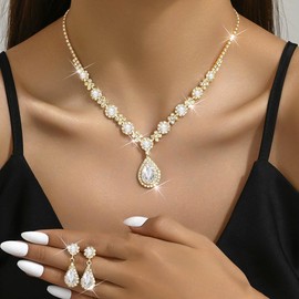 Costume Jewelry for Women Prom Earrings Necklace Bracelet Set Elegant Crystal Necklace Earrings Bracelet Bridal Wedding Prom Costume Jewelry Sets Birthday Gifts for Women（B:GOLD）