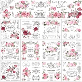 BBTO BBTO 12 Sheets Rub on Transfers for Crafts and Furniture Rub on Transfer Stickers Decals for Wood DIY Paper Home Decor, 5.5 x 5.7 Inch(Retro Rose)