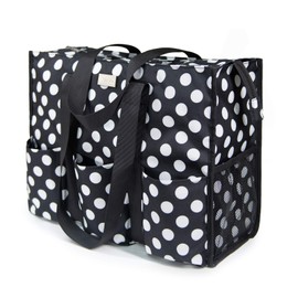 TOPDesign Utility Water Resistant Tote Bag with 13 Exterior & Interior Pockets, Top Zipper Closure & Thick Bottom Support, for Working Women, Teachers, Nurses, Accountants (Polka Dots)