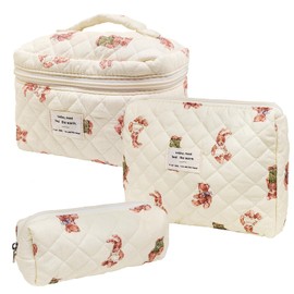 Quilted Makeup Bag, Large Capacity Travel Cosmetic Bag for Women and Girls, Aesthetic Storage for Daily and Travel Use (3pcs-Littlebear)