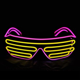 Aquat Glow Shutter Rave Neon LED Glasses El Wire Light Up Flashing Sunglasses DJ Costumes Voice Activated for Party, 80s, EDM (Pink/Yellow, Black Frame)