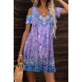 Womens Summer Cold Shoulder Dress Cute Floral Button Pleated V Neck Sundress Casual Loose Tshirts Dress