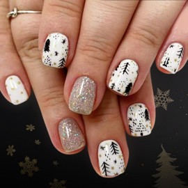 Christmas Press on Nails Short Square Nails Press ons with Cute Christmas Tree Design Sliver Glitter Striped Fake Nails Glossy Full Cover White Glue on Nails Winter Xmas Holiday Nail for Women 24Pcs