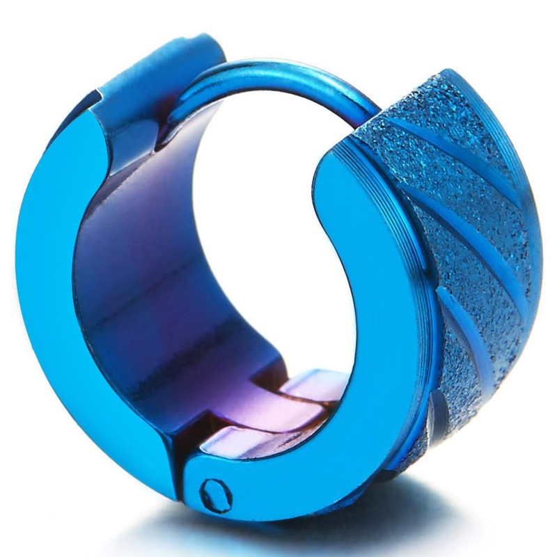Pair Unisex Blue Stainless Steel Grooved Huggie Hinged Hoop Earrings