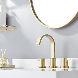 Phiestina 8 Inch 3 Hole 2 Handle Waterfall Widespread Brushed Gold Bathroom Sink Faucet with Metal Pop-Up Drain, WF040-1-BG