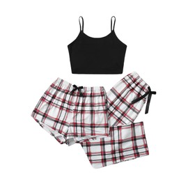 GORGLITTER Women's 3 Piece Summer Pajama Set Sleeveless Scoop Neck Cami Tops with Plaid Shorts & Pants Sleepwear Red Black Multi M