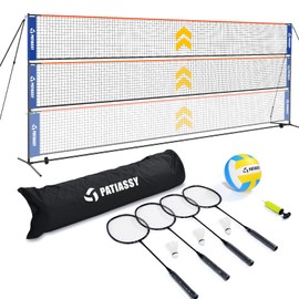 Patiassy Portable Badminton Volleyball Pickleball Net for Backyard, 17FT Combo Set with 5.1ft-7.4ft Adjustable Height for Outdoor Driveway Games, 4 Rackets, 3 Shuttlecocks, 1 ball and Carry Bag (Blue)