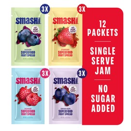 Smash Foods Single Serve Jam Packets | Variety 12-Pack | Natural, Keto & No Sugar Added | Vegan & Upcycled Fruit Spread | Low-Calorie, Superfood Snack