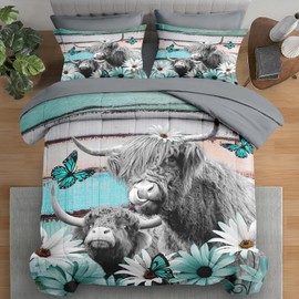 Pamnest Comforter Set Queen Size, Highland Cow Bull 7 Pcs Bedding for Kids and Adults, Flower Daisy Retro Bed Sheet Sets with Fitted Sheet 2 Pillowcases & 2 Shams for Bedroom Bed Decor