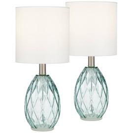 360 Lighting Rita Modern Coastal Small Accent Table Lamps 14 3/4" High Set of 2 Diamond Patterned Blue Green Glass Fabric Drum Shade Decor for Bedroom House Bedside Home (Color May Vary)