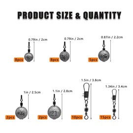 CWSDXM Fishing Weights Sinkers Fishing Worm Weights Assorted Set 50 Pcs, Bullet sinkerss,Cannonball & Pencil Drop Shot Weights, Removable Rubber Core Weights for Saltwater Freshwater Fishing