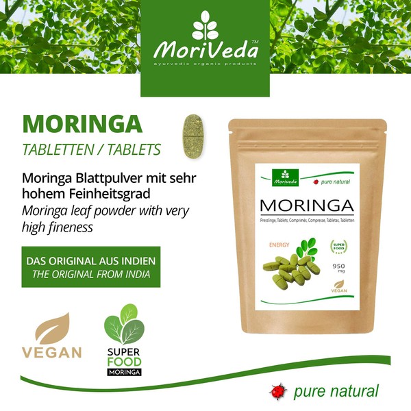MoriVeda Moringa Energy Tablets 950 mg I Moringa High Dose with Vitamins, Proteins & Amino Acids in Ayurveda Top Quality I Vegan & Gluten Free I 120 Pellets