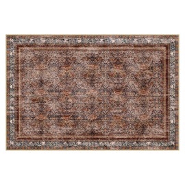 Phantoscope Vintage Collection Area Rug - 8'x10' Large Living Room Rug - Washable Boho Non-Slip for Bedroom & Dining Room, Distressed Accent Floor Carpet, Low-Pile, Brick Red/Black
