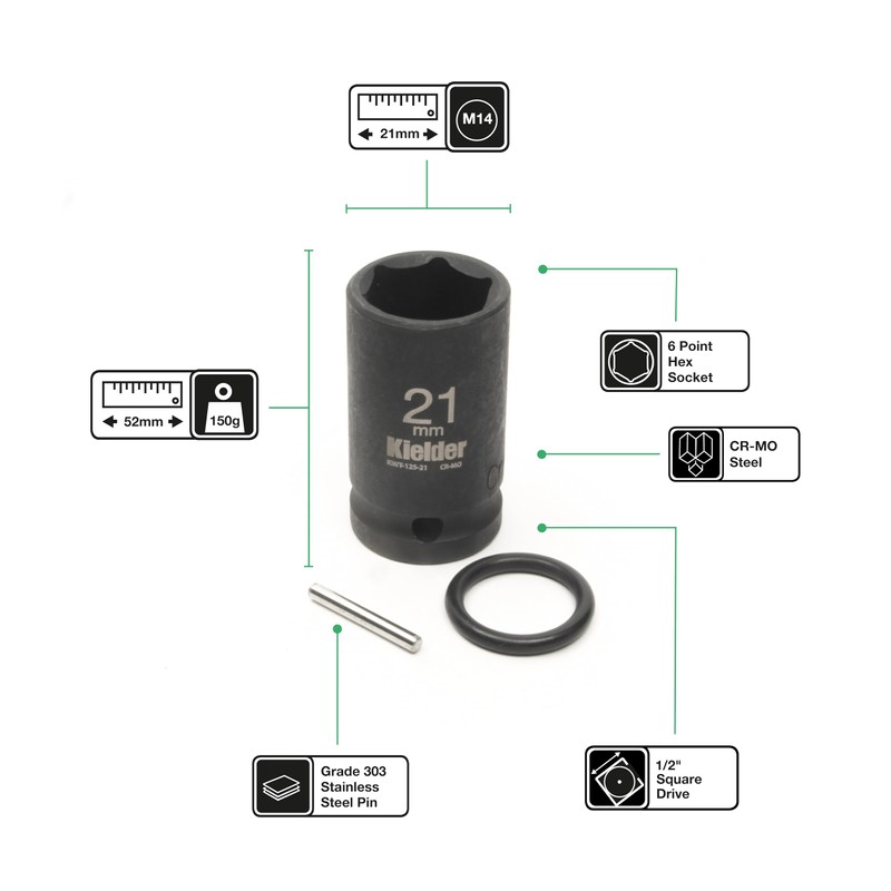 Kielder KWT-125-PO3 1/2" Mid-Size 21mm Scaffolding Impact Sockets (52mm Long)