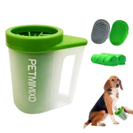 PETMIMIXD Paw Cleaner with Handle for Dogs (with 2 Absorbent Towels & 2 Adjustable Bath Brushes for Short and Long Hair), Muddy Foot Washer, Green, Medium