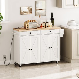 HOOBRO 43.3 Inch Kitchen Island with Charging Station, Rolling Kitchen Island with Storage, Kitchen Island Cart with Spice Rack and Hooks, for Kitchen, Living Room, White and Natural WN11UZD01