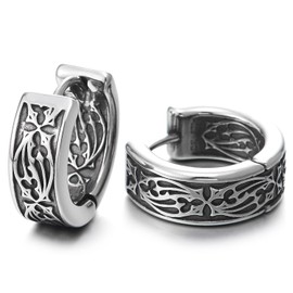 Men’s Steel Hoop Earrings with Gothic Cross and Vine Cutout Design Vintage Huggie Punk Jewelry