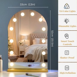 LUXFURNI Hollywood Mirror with Lights Makeup Mirror for Bedroom, Large Vanity Lighted up Mirror with 12 Dimmable Bulbs Smart Touch Control 3 Color Lighting Modes(Gold)