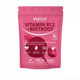9000mg Beetroot Extract & 1000mcg Vitamin B12 Complex - Methylcobalamin & Adenosylcobalamin - Energy & Immune Support - Supports Blood Pressure, Vegan, Nitric Oxide Supplement - 90 Capsules