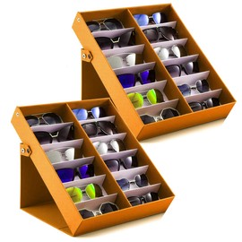 jiffordwind 12 Slot Polyester Silk Lining Sunglasses Display Case with Stand Function (Yellow 2pack)