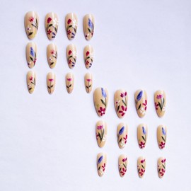 Spring French Press on Nails Medium Almond ZWENJIE Fake Nails Nude False Nails Wildflowers Full Cover Stick on Nails Acrylic Cute Artificial Glossy Nails for Women Glue on Nails 24 Pcs