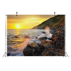 Loccor 9x6ft Fabric Rocky Beach Backdrop Rocky Coast Stone Sea Waves Gold Sunset Landsacpe Background Adult Lovers Portrait Wedding Travel Vacation Birthday Party Decor Photo Studio Props