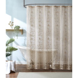 LinenZone Extra Long Lace Shower Curtains with Elegant Leaf Design. Large 72 x 84 Size. Rustic Shower Curtain or Modern Shower Curtain. Bathroom Curtain with Scalloped Bottom. (Grace 72 x 84 Linen)