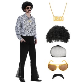 70s Outfits for Men, 7Pcs Disco Costume Include Retro Shirt Bell Bottom Pants Wig Sunglasses Necklace Wig Cap for Disco Party (Black - B, X-Large)