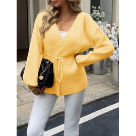 Saodimallsu Womens Wrap V Neck Cardigan Sweaters Tie Front Long Sleeve Soft Knit Dressy Work Fall Sweater Blazer Light Yellow