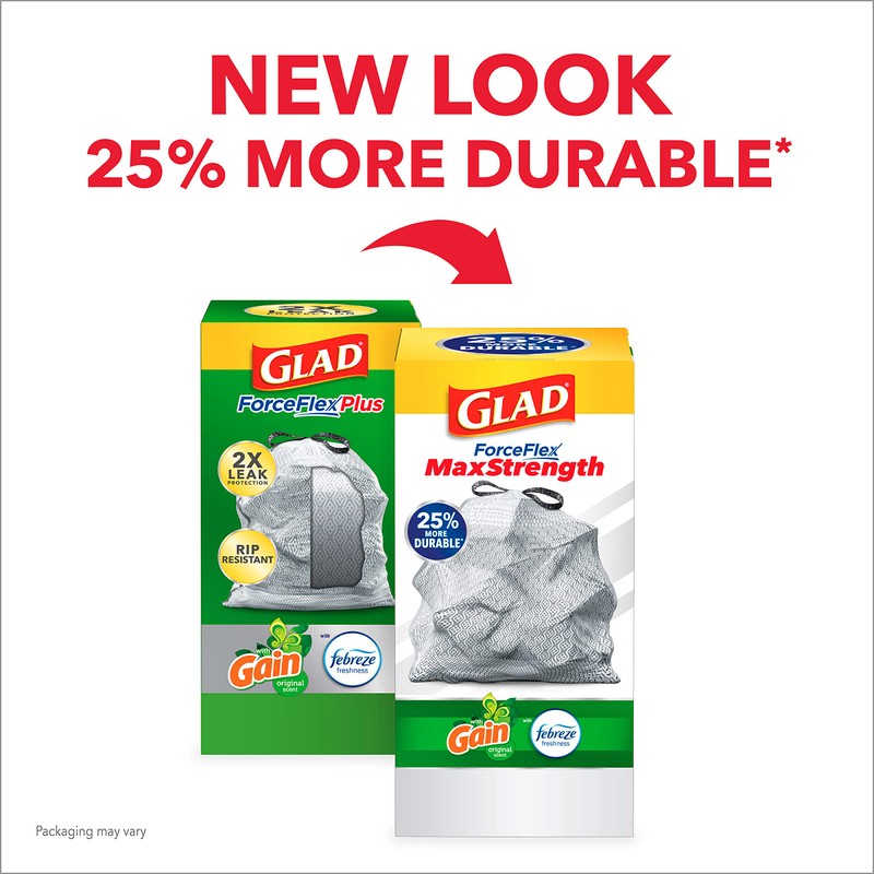 Glad Forceflex Odorshield Tall Kitchen Drawstring Trash Bags, Gain Original,