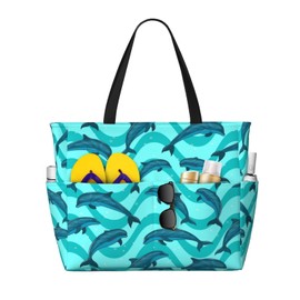 THE PIRATE KING Ocean Dolphin Beach Tote Pool Bag for Women Waterproof and Sand-proof Large Capacity Bags with Zippers for Travel Vacation Gym